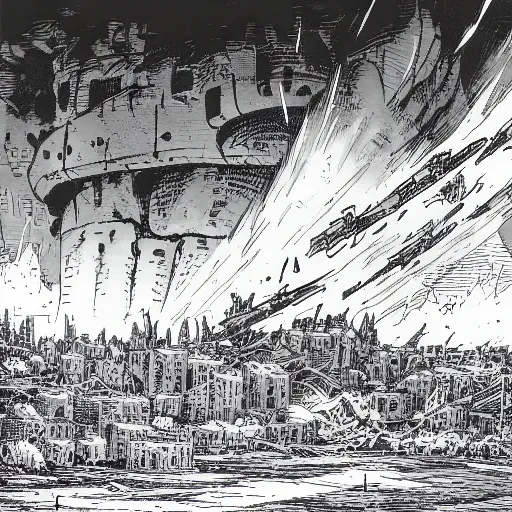 NauSKaaValOfWi,  monochrome, greyscale, , giant robots mecha walking in a destroyed metropolis city wall of fire, expulsions, end of the world