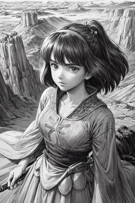 (masterpiece, best quality;1.3), extremely detailed picture, ultra detailed,<lora:NauSKaaValOfWi_171500:1.2>, Nausica of the valley of the wind, hayao miyazaki,1girl, solo,  comics, bust shot, from above, looking at viewer,  <lora:add_detail:1.2>