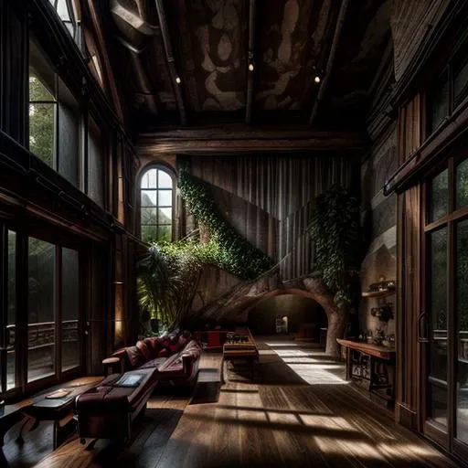 a semi-troglodyte living room filled with modern furniture and a fire place, conversation pit, archs, concept art by Itshak Holtz, polycount contest winner, stone and wood homes, cozy setting, large bay window, library, second floor, strairs, vegetation,skylight on the ceiling,  (waterfall), plants on balcony, (wooden bridge), (bay window), Chris LaBrooy, french mountains, neo-romanticism
<lora:XSarchitectural_33WoodenluxurystyleV2:1>, <lora:add_detail:0.75>, (dynamic angle:1.4), impressive,masterpiece, visually stunning, photorealistic, highly detailed,
volumetric light, rim light, gobo light, hdri, depth of field, <lora:add_detail:0.75>, (dynamic angle:2), impressive ,masterpiece , visually stunning, highly detailed, (mature adult:1.3), (photorealistic:1.5), hi res, 8k, award winning
hdri, depth of field