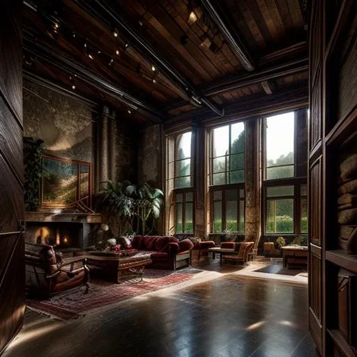 a semi-troglodyte living room filled with modern furniture and a fire place, conversation pit, archs, concept art by Itshak Holtz, polycount contest winner, stone and wood homes, cozy setting, large bay window, library, second floor, strairs, vegetation,skylight on the ceiling, (waterfall), plants on balcony, (wooden bridge), (bay window), Chris LaBrooy, french mountains, neo-romanticism
<lora:XSarchitectural_33WoodenluxurystyleV2:1>, <lora:add_detail:0.75>, (dynamic angle:1.4), impressive,masterpiece, visually stunning, photorealistic, highly detailed,
volumetric light, rim light, gobo light, hdri, depth of field, <lora:add_detail:0.75>, (dynamic angle:2), impressive ,masterpiece , visually stunning, highly detailed, (mature adult:1.3), (photorealistic:1.5), hi res, 8k, award winning
hdri, depth of field