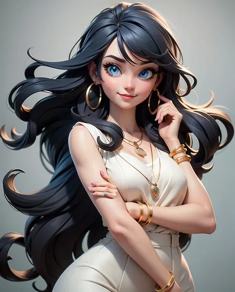 3dcute,1girl toy, masterpiece, best quality, long black hair, Qi bangs,blue eyes,light smile,Neck ring,gradient background,(huge breasts:0.5), white background, Gold jewelry, blue_dress, closed_mouth, bangle, looking_at_viewer, upper_body, necklace, earrings,<lora:3DMM_V10:0.8>