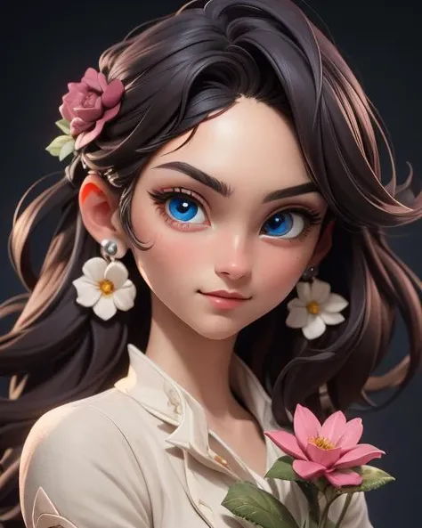 (Masterpiece: 1.5), (Best Quality: 1.5), High Resolution, Highly Detailed, 3DMM,1 Girl, Solo, Earrings, Jewelry, Flower, Perfect Face, Perfect Eyes, Low Contrast,
