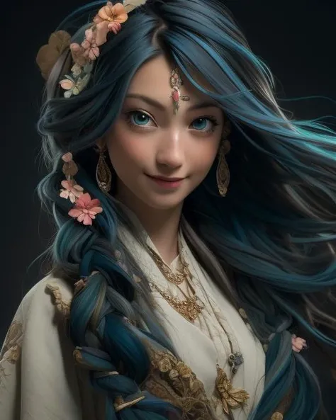 (masterpiece:1.5), (best quality:1.5), highres, highly detailed,3dmm,1girl, long hair, hair ornament, multicolored hair, flower, hair flower, braid, blue eyes, jewelry, bracelet, solo, smile,simple background,