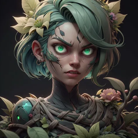 masterpiece, best quality,3d rending work ,3DMM style,close-up,portrait, 3D, black background, gold hair,subsurface scattering,Physically based rendering,plant-made,green hair, green eyes,
solo, glass 1girl, bob cut, <lora:3DMM_V10:0.7>, 3DMM, zbrush \(medium\), specular, <lora:BiophyllTech-20:1.1>,hair flower, bioluminescent , BiophyllTech,bio,glowing eyes, cracked skin, angry,