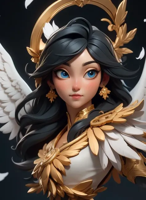 masterpiece,best quality,3dmm style,A holy angel with black hair, golden clothes, white feather wings, halo, petals falling, bust, exquisite face, (perfect eyes:1.1)