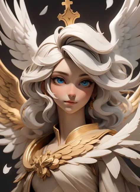 masterpiece,best quality,3dmm style,A holy angel with glod hair, golden clothes, white feather wings, halo, petals falling, bust, exquisite face, (perfect eyes:1.1)
