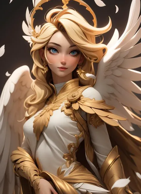 masterpiece,best quality,3dmm style,A holy angel with blonde hair, sexy, golden clothes, white feather wings, halo, petals falling, bust, exquisite face, (perfect eyes:1.1)