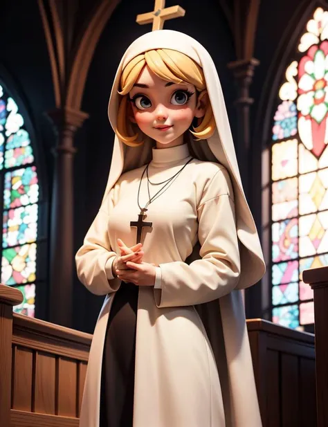 masterpiece, best quality, 3dmm style, 1girl, nun, solo, jewelry, necklace, habit, church, cross necklace, blonde, looking at viewer, black and white nun costume, skirt, indoor,