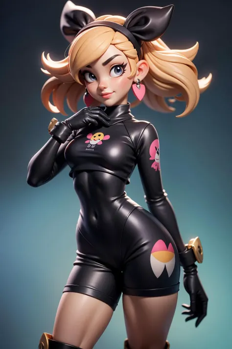3dmm style, (masterpiece, best quality), intricate details, 1girl, solo, bea\(pokemon\), bow hair band, printed shirt, tied shirt, black bodysuit, bodysuit under clothes, single glove, print shorts, knee pads, barefoot, cowboy shot, looking to the side from the front, visible whole body, hands on waist, lime green and bramca clothing, blonde hair, mysterious look