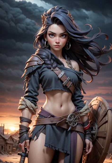 photo of viking woman standing, braided hair, war paint, dark crown with raven, warpaint, viking town in background, ([Jacqueline Bisset|Angelina Jolie|Eva Longoria]:0.85), sun set, dust, storm, sword, looking at viewer, ([cherrmous style|samdoesart style]:0.9) navel, dramatic lighting, realistic, verism style, hyper realistic, highly detailed, intricate, cinematic lighting, extreme sexy masterpiece, professional