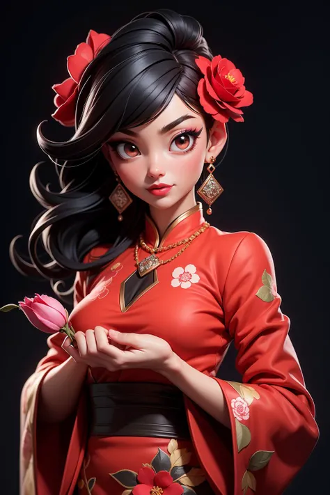 3DMM,MJ3D,1girl, solo, looking at viewer, black hair, hair ornament, long sleeves, dress, holding, brown eyes, jewelry, upper body, flower, earrings, hair flower, wide sleeves, necklace, petals, makeup, rose, chinese clothes, lipstick, black background, red flower, gem, holding flower, red
