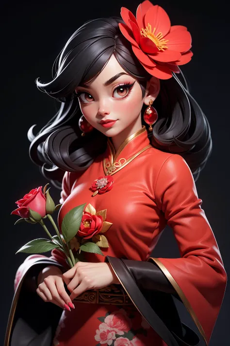 3DMM,MJ3D,1girl, solo, looking at viewer, black hair, hair ornament, long sleeves, dress, holding, brown eyes, jewelry, upper body, flower, earrings, hair flower, wide sleeves, necklace, petals, makeup, rose, chinese clothes, lipstick, black background, red flower, gem, holding flower, red