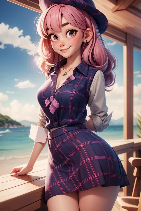 3dmm,masterpiece, high quality best quality,1girl, bangs, beach, blue_sky, blush, bow, breasts, checkered, checkered_shirt, checkered_skirt, cloud, cloudy_sky, collarbone, day, envelope, giving, grass, hair_bow, heart, holding, holding_letter, horizon, incoming_gift, kazami_yuuka, leaning_forward, lens_flare, letter, light_rays, long_hair, looking_at_viewer, love_letter, mountain, mountainous_horizon, ocean, outdoors, plaid, plaid_background, plaid_bikini, plaid_bow, plaid_bowtie, plaid_bra, plaid_dress, plaid_headwear, plaid_jacket, plaid_legwear, plaid_necktie, plaid_neckwear, plaid_panties, plaid_pants, plaid_ribbon, plaid_scarf, plaid_shirt, plaid_skirt, plaid_vest, pov, shirt, skirt, sky, smile, solo, sun, sunbeam, sunlight, tree, unmoving_pattern
