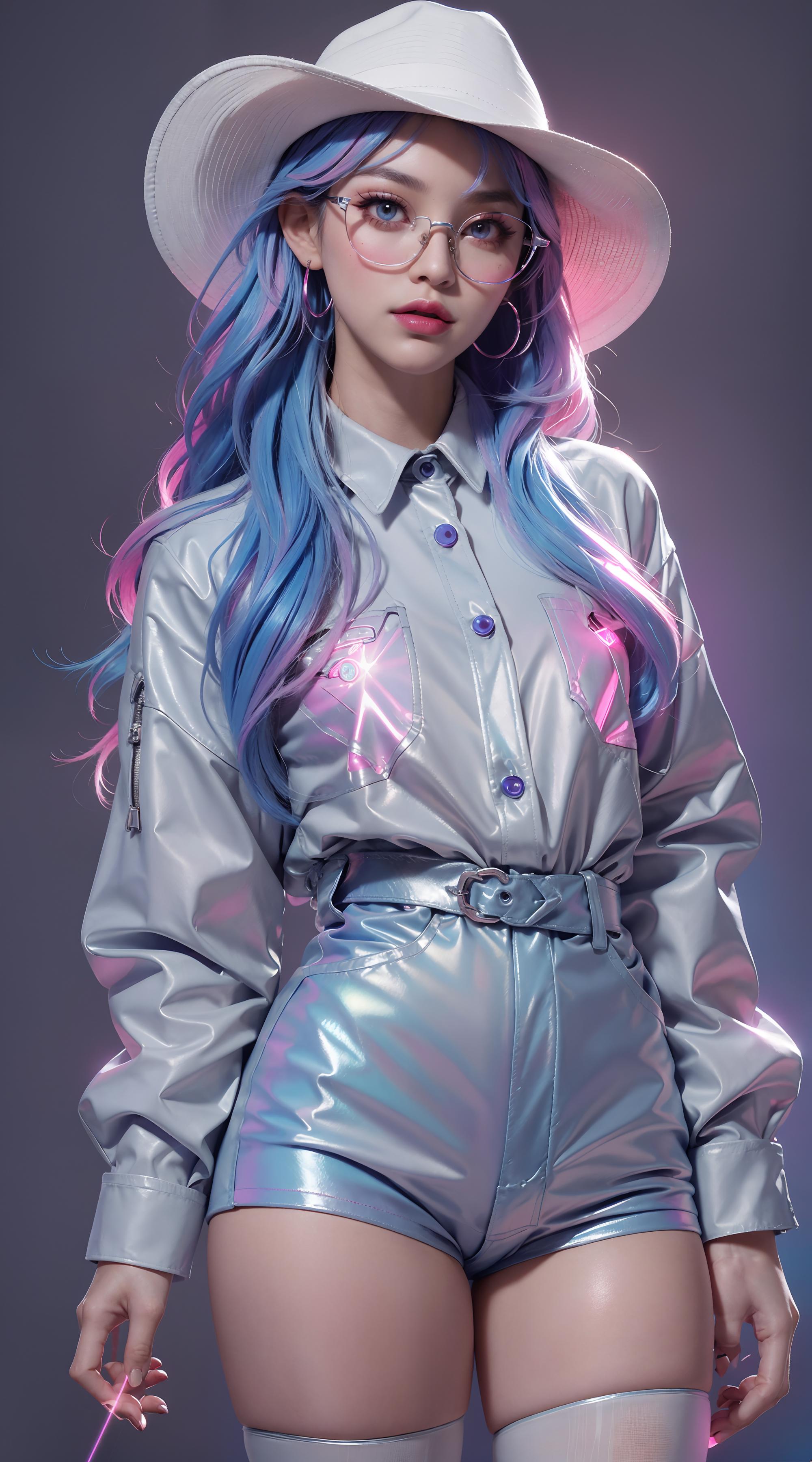 A woman with blue hair and a hat posing for a picture - SeaArt AI