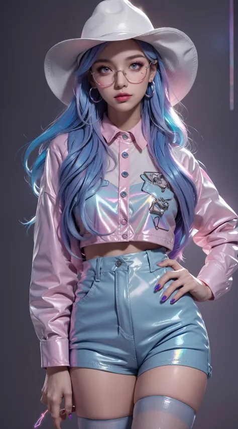Masterpiece, exquisite, 8k, 1 girl, luminous skin, exquisite long hair, silver | pink | blue hair, exquisite makeup, lipstick, eye shadow, eyeliner, Laser vest, pink Cowboy hat, (Phosphor stockings:1.2), Cyberpunk, neon light, blue purple light, shining, (technology city:1.2), (bright, daytime,:1.1), (color lens glasses:1.1)