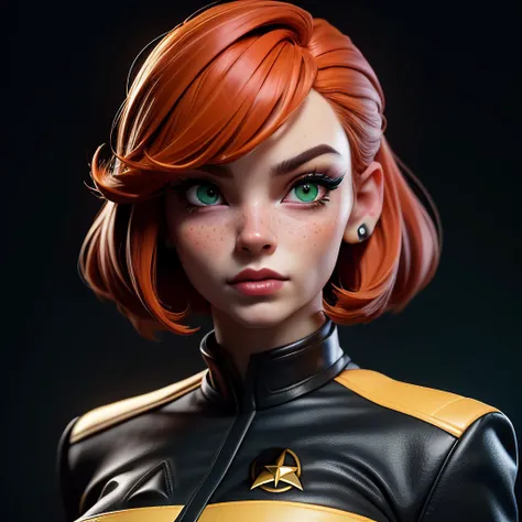masterpiece, best quality, 3d rending work, 3DMM style, close-up, portrait, 3D,1girl, solo, multicolored hair, red hair, brown hair, [[black hair]], (star trek), freckles, two-tone hair, looking to the side, realistic, space background, bangs, looking away, star gazing, sky, space, short hair, (green eyes), lips, makeup, black shirt, shirt, (yellow uniform), the next generation, TNG, <lora:3DMM_V11:0.8>