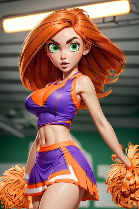masterpiece, solo, 3dmm, high quality 3d render, portrait of kim possible, (cute, adorable, sexy girl:1.2), age 19, (wearing a purple and orange cheerleading outfit:1.4), (orange hair, redhead:1.2), huge breasts, (perfect green human eyes:1.2), (perfect face:1.2), (mouth open slightly:1.2), (standing in a gymnasium:1.2), (portrait lighting:1.2), global illumination, dynamic light, smooth vertex shading, (best quality, masterpiece, 4k, ultra detailed, sharp focus, 8k, high definition, insanely detailed, intricate:1.2) <lora:Lit:0.5> <lora:3DMM_V7:0.65> <lora:KimPossible:0.65>