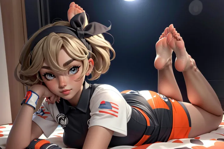 (masterpiece, best quality), intricate details,
1girl, solo, <lora:SaitouV1:0.8> bea \(pokemon\), bow hairband, print shirt, tied shirt, black bodysuit, bodysuit under clothes, single glove, print shorts, knee pads, barefoot,
cowboy shot, looking at viewer,
<lora:3DMM_V5:0.8> 3DMM, <lora:restOnStomachFeetUp_55:1>lying down, feet, (soles:1.3)