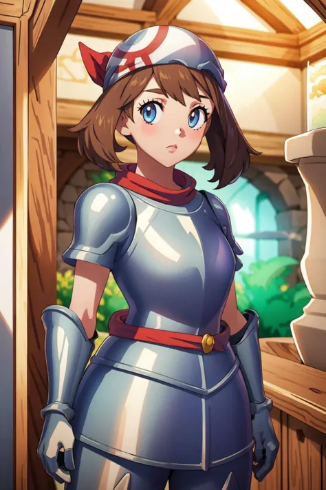 (masterpiece, best quality), intricate details,
1girl, solo,
<lora:3DMM_V6:0.8> 3DMM, < <lora:BondageOutfitV1:0.8> cowboy shot, looking at viewer, <lora:MayRSELora:0.8> may \(pokemon\), brown hair, red bandana,
<lora:MedievalArmor_v02:0.8> medieval armor, breastplate, pauldrons, gauntlets,