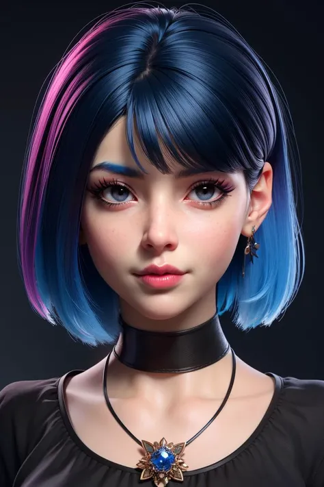 masterpiece, best quality,3d rending work ,3DMM style,close-up,portrait, 3D,1girl, solo, multicolored hair, blue hair, black hair, necklace, freckles, jewelry, two-tone hair, looking to the side, realistic, upper body, simple background, bangs, looking away, short hair, parted lips, black eyes, lips, gothic, choker, makeup, mole, black shirt, shirt, watermark