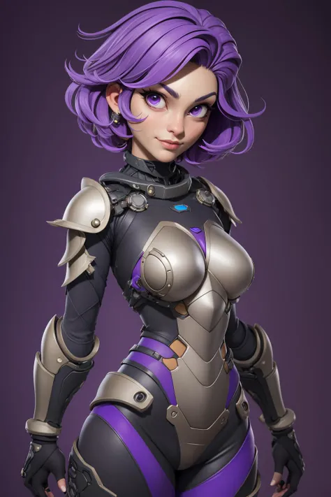 3dmm style,a nude portrait of a giant [seductress|babe] , science fiction, [(crNanosuit|War_Glam)::0.5], [power armor|armor] ,armored, wearing [(crNanosuit|War_Glam)::0.5]_breastplate, perfect face, pretty face, purple eyes, purple hair, very short hair, flat chest, lush detail, absurdres,, masterpiece, best quality,