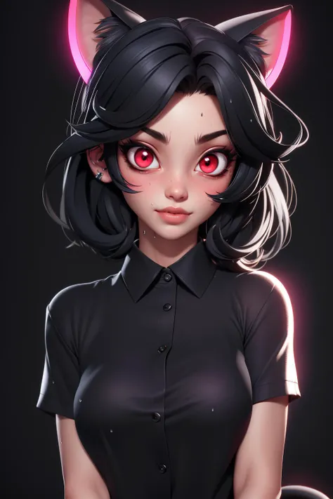 realistic, 1girl, black hair, red eyes, slit eyes, glowing eyes, oversized shirt, parted lips, blush, cat ears, wet shirt, sweaty,
