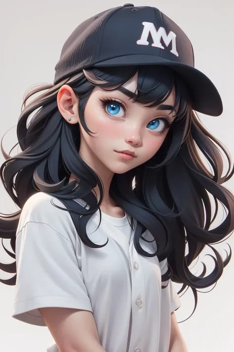 3dmm style,
1girl, bangs, baseball_cap, black_hair, black_headwear, blue_eyes, blunt_bangs, hat, long_hair, looking_at_viewer, shirt, simple_background, solo, white_background, white_shirt