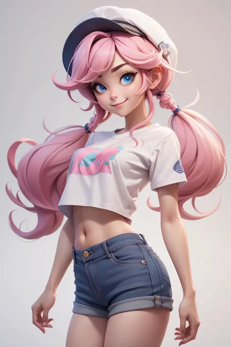 a age girl of under-average height with long pink hair which she mostly keeps in two pony tails on each side of her head. Her hair also has two thin, long bangs at the sides, two thin strands of hair over the left side of her forehead, and a spiky larger portion of hair covering the right side of her forehead. She has fierce orange eyes and furrowed eyebrows. She also as a visible pointed tooth that appears at times in the right side of her mouth. Her physique is slender, she has bikini model sized breasts. she wears a white jacket with the zipper positioned below her breasts and underneath a black tank top, and a green miniskirt.