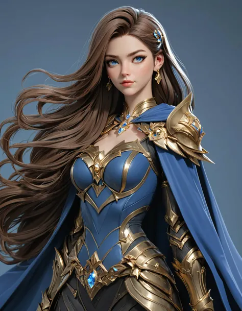 3dmm,(masterpiece:1.5), (best quality:1.5), 1girl, solo, long hair, jewelry, blue cape, earrings, cape, brown hair, blue background, blue eyes, shoulder armor, armor, breasts, closed mouth, torn cape, upper body, torn clothes, looking to the side, pauldrons, medium breasts,<lora:3DMM_XL_V13:1>,