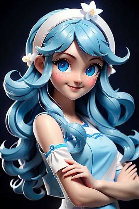 (masterpiece:1.5), (best quality:1.5), 3dmm,highres, highly detailed,3DG,1girl, big blue eyes, long blue hair, white headgear, smiling, looking at viewer, cute and girly\(idolmaster\), 3d rendering, octane rendering, subsurface scattering skin, soft and bright lighting, clear focus, clean background, perfect face, perfect eyes, <lora:3DMM_V10:1>