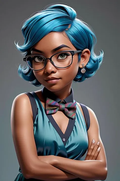 young Malay Sudanese, (woman) looking away, glasses, Deep skin, triangular head shape, inviting dimpled lips, round intense eyes, green eye colour, curved precise eyebrows, short narrow bridge nose, high cheekbones sunken cheeks, square pointed chin, broad asymmetrical jawline, wrinkled sloping forehead, small ears, expression of love, grinning, Satin Lipstick, Layered Pixie Cut hair, blue hair colour, Tinfoil hat, Bowtie Bracelet, full breasts, hairy body type, crossing arms, heliotrope silver, Leggings, Sheer Tights, Oxfords Shoes, <lora:3DMM_V10:1>
