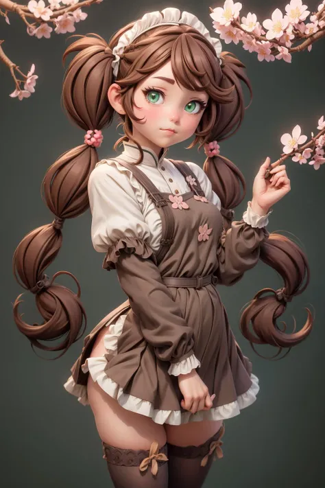 1girl, maid, ((twintails, brown hair):1.1), green eyes,cherry blossoms, sunbeam,(white thighhighs,:1.1) <lora:add_detail:0.6> , <lora:3DMM_V10:1>