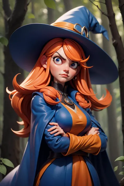 3dmm style, 3d,r3dg,(masterpiece),masterpiece, best quality, angry female witch in the forest with arms crossed wearing a blue pointy hat and orange hair and a blue cape and blue cloak