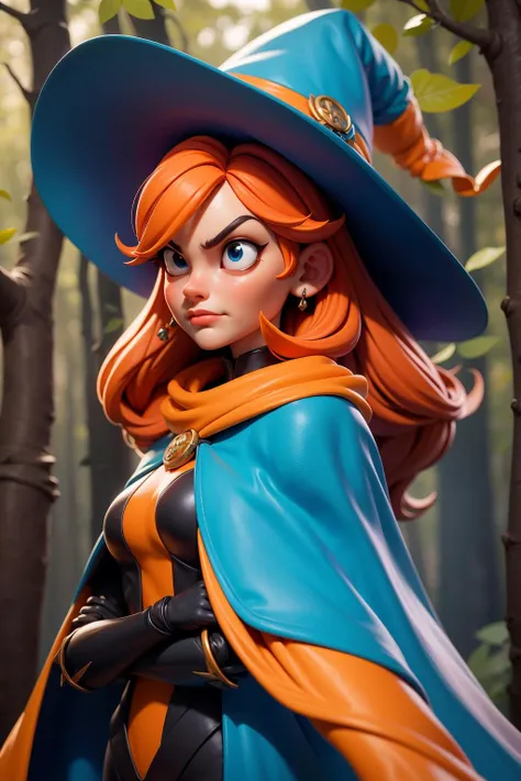 3dmm style, 3d,r3dg,(masterpiece),masterpiece, best quality, angry female witch in the forest with arms crossed wearing a blue pointy hat and orange hair and a blue cape and blue cloak