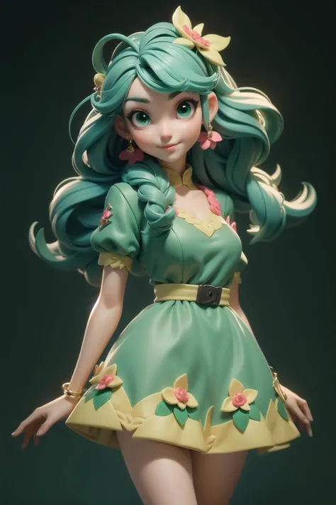 3dmm style, (masterpiece, best quality), intricate details, 1girl, solo, green hair, flower hair clip, green dress, looking at viewer, <lora:3DMM_V7:1>
