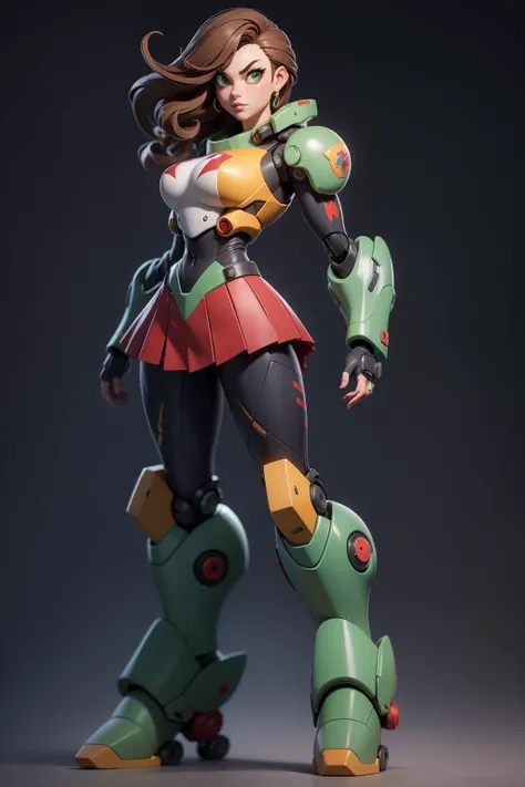 mj3d style,3dmm,3d, Photo of a nerdy woman standing infront of an exceptionally large heavy mecha in the background. super_mecha in the background, (22 years old woman), medium breast, small waist, brown hair, green eyes, perfect illumination, beautiful detailed, full body, pleated skirt, long boots, blurry. super_mecha,