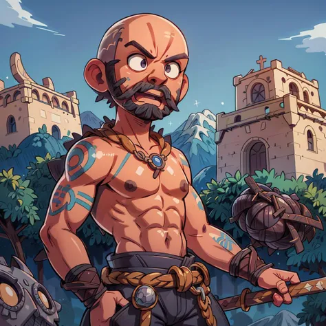 ((best quality, masterpiece)), ((style-swirlmagic):0.05), dramatic,
((baldie_hairstyle):1.3) , ((a man):1.3), power pose, ((barbarian):1.1),armor, sword, shield, tattoo, ((bald)), muscular, angry, open mouth, ((white facial hair):1.1), outdoor, ((medieval, mountains on background):1.2),
<lora:more_details:0.5>, <lora:3DMM_V7:1> , <lora:baldie_hairstyle:0.4>