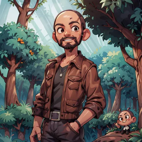 ((best quality, masterpiece)), ((style-swirlmagic):0.05)
((baldie_hairstyle):1.3) , a man, ((bald)), smiling, black leather jacket, jeans, ((brown facial hair):1.1), outdoor, ((woods, trees, jungle):1.2),
<lora:more_details:0.5>, <lora:3DMM_V7:1> , <lora:baldie_hairstyle:0.4>