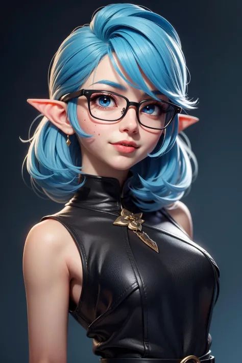 3dg style,(masterpiece, best quality:1.1), elf, light blue hair, glasses, mole on mouth ,anime , (smile:0.5)