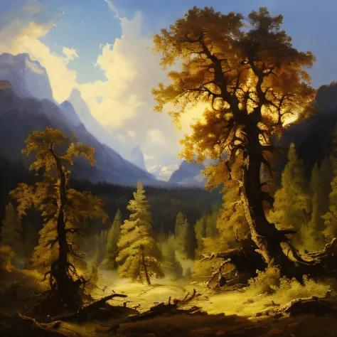 albert_bierstadt, a painting of a mountain and forest landscape <lora:Albert_Bierstadt:1>
