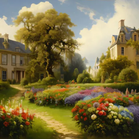 albert_bierstadt, a painting of a garden of colorful flowers, Victorian manor in background, nimbus clouds, landscape <lora:Albert_Bierstadt:1>