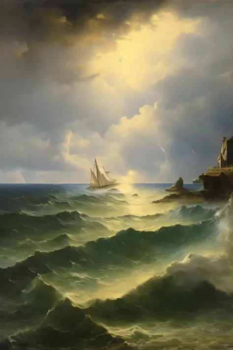albert_bierstadt, a painting of a ocean cliffside with distant lighthouse, stormy clouds, rain, stormy waves, landscape <lora:Albert_Bierstadt:1>