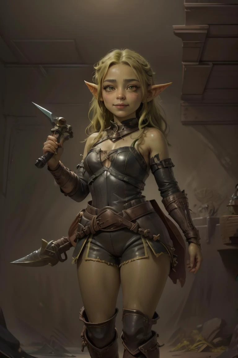 breathtaking 18yo, 1girl, (full body shot:1.4), facing viewer, thick hips, short stack, rogue, (shy smile:1.4), (holding a magic dagger:1.5), <lora:delicate_armor_V2:0.3> delicate\(armor\), belt, glove, hand guard, boots, (leather breatplate:1.4), (frayed leather shorts:1.4), long shiny hair, trending on artstation, pixiv, digital art, anime masterpiece, dynamic lighting, beautiful aesthetic, 4k, award winning, hd, detailed backgound, <lora:Mild detail adjusterV10:0.2> <lora:Bright_Eyes:0.7> AGGA_ST002, bright pupils <lora:Loraeyes_V1:0.4> loraeyes, <lora:dnd_goblin:0.7>goblin Style-Goblinmode <lora:breastsizeslideroffset:-0.1> (edgQuality:1.2) advntr character, <lora:lcm-lora-sdv1-5:0.7>, masterpiece, award-winning, professional, highly detailed