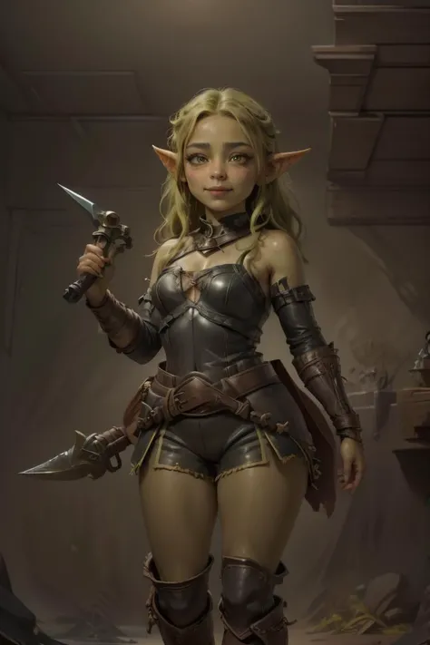 breathtaking 18yo, 1girl, (full body shot:1.4), facing viewer, thick hips, short stack, rogue, (shy smile:1.4), (holding a magic dagger:1.5), <lora:delicate_armor_V2:0.3> delicate\(armor\), belt, glove, hand guard, boots, (leather breatplate:1.4), (frayed leather shorts:1.4), long shiny hair, trending on artstation, pixiv, digital art, anime masterpiece, dynamic lighting, beautiful aesthetic, 4k, award winning, hd, detailed backgound, <lora:Mild detail adjusterV10:0.2> <lora:Bright_Eyes:0.7> AGGA_ST002, bright pupils <lora:Loraeyes_V1:0.4> loraeyes, <lora:dnd_goblin:0.7>goblin Style-Goblinmode <lora:breastsizeslideroffset:-0.1> (edgQuality:1.2) advntr character, <lora:lcm-lora-sdv1-5:0.7>, masterpiece, award-winning, professional, highly detailed