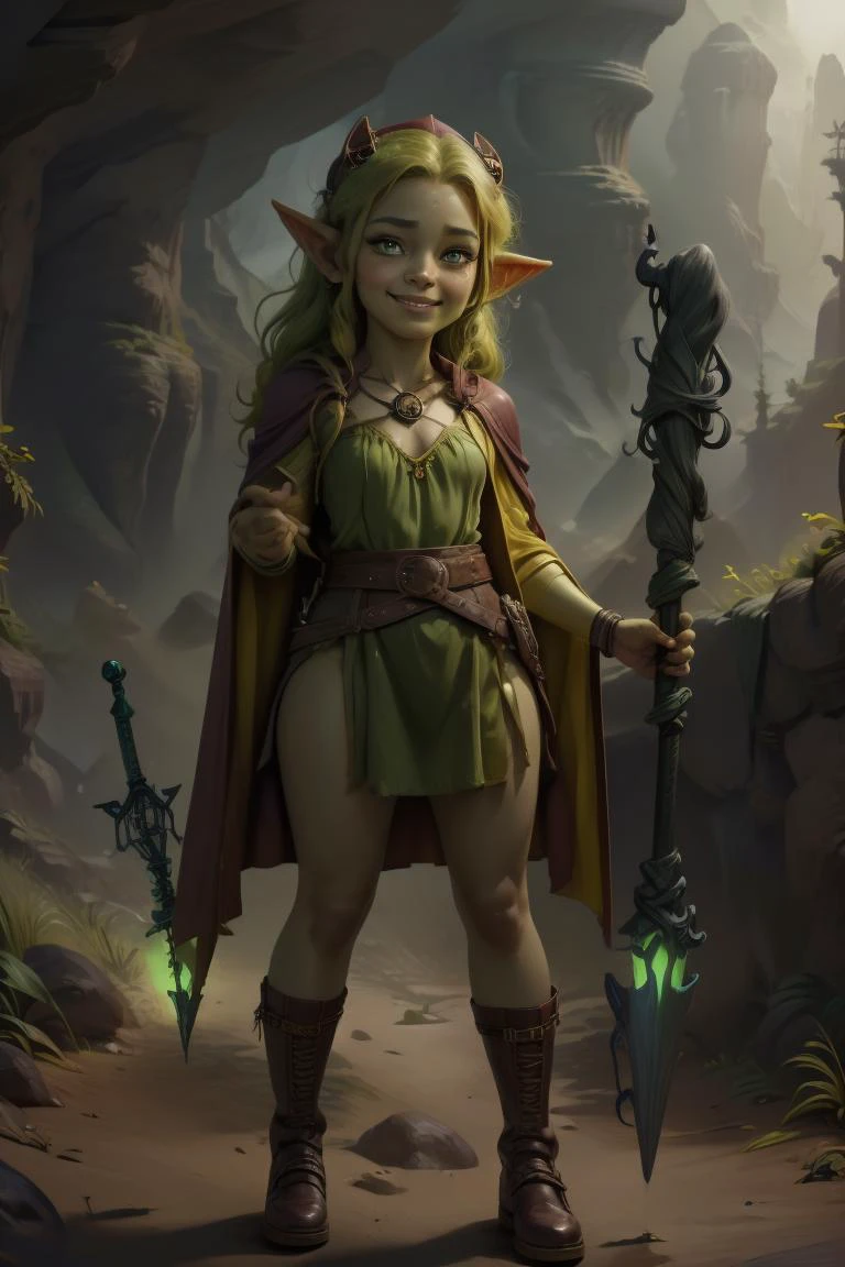 breathtaking 18yo, 1girl, (full body shot:1.4), facing viewer, thick hips, short stack, wizard, (evil grin:1.4), (holding a magic staff:1.5), delicate\(armor\), belt, glove, boots, (wizard hat,:1.2) (wizard robe:1.2), long shiny hair, trending on artstation, pixiv, digital art, anime masterpiece, dynamic lighting, beautiful aesthetic, 4k, award winning, hd, detailed backgound, <lora:Mild detail adjusterV10:0.2> <lora:Bright_Eyes:0.7> AGGA_ST002, bright pupils <lora:Loraeyes_V1:0.4> loraeyes, <lora:dnd_goblin:0.7>goblin Style-Goblinmode <lora:breastsizeslideroffset:-0.1> (edgQuality:1.2) advntr character, <lora:lcm-lora-sdv1-5:0.7>, masterpiece, award-winning, professional, highly detailed