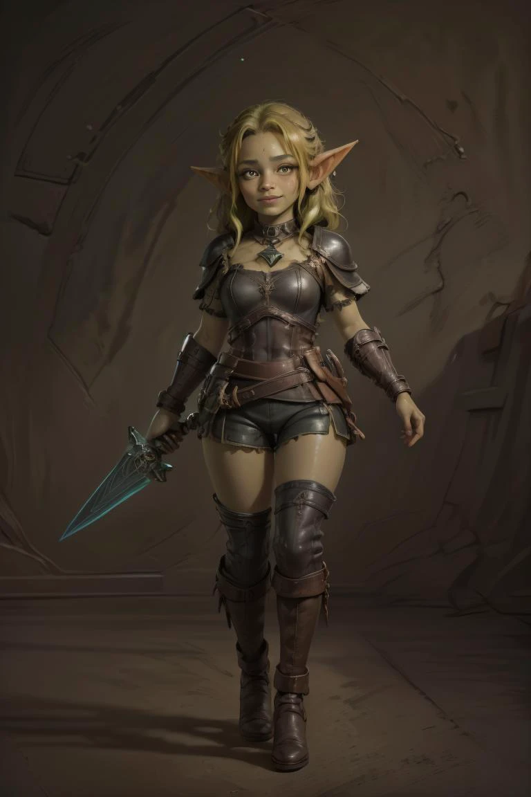 breathtaking 18yo, 1girl, (full body shot:1.4), facing viewer, thick hips, short stack, rogue, (shy smile:1.4), (holding a magic dagger:1.5), <lora:delicate_armor_V2:0.3> delicate\(armor\), belt, glove, hand guard, boots, (leather breatplate:1.4), (frayed leather shorts:1.4), long shiny hair, trending on artstation, pixiv, digital art, anime masterpiece, dynamic lighting, beautiful aesthetic, 4k, award winning, hd, detailed backgound, <lora:Mild detail adjusterV10:0.2> <lora:Bright_Eyes:0.7> AGGA_ST002, bright pupils <lora:Loraeyes_V1:0.4> loraeyes, <lora:dnd_goblin:0.7>goblin Style-Goblinmode <lora:breastsizeslideroffset:-0.1> (edgQuality:1.2) advntr character, <lora:lcm-lora-sdv1-5:0.7>, masterpiece, award-winning, professional, highly detailed