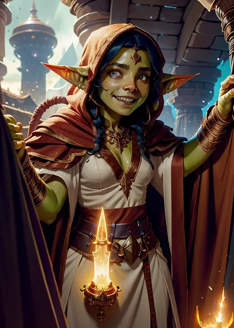 small goblin priestess, priestess robes, messy black hair, official artwork, official dnd art, in the style of Greg Rutkowski, best quality, masterpiece, intricate details,<lora:dnd_goblin-000110:0.8>