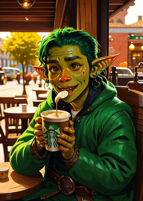 goblin, drinking a coffee at starbucks, green skin, official artwork, official dnd art, in the style of Greg Rutkowski, best quality, masterpiece, intricate details,<lora:dnd_goblin-000110:0.8> <lora:samdoesartsSamYang_offsetRightFilesize:1>