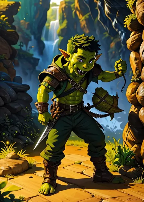 goblin, rogue, (green skin:1.3), official artwork, official dnd art, in the style of Greg Rutkowski, best quality, masterpiece, intricate details,<lora:dnd_goblin-000110:0.8> <lora:samdoesartsSamYang_offsetRightFilesize:1>