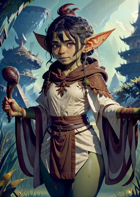 small goblin priestess, priestess robes, messy dark hair, green skin, official artwork, official dnd art, in the style of Greg Rutkowski, best quality, masterpiece, intricate details,<lora:dnd_goblin-000110:0.8>  <lyco:generalIllustration_10_LoRA:1>